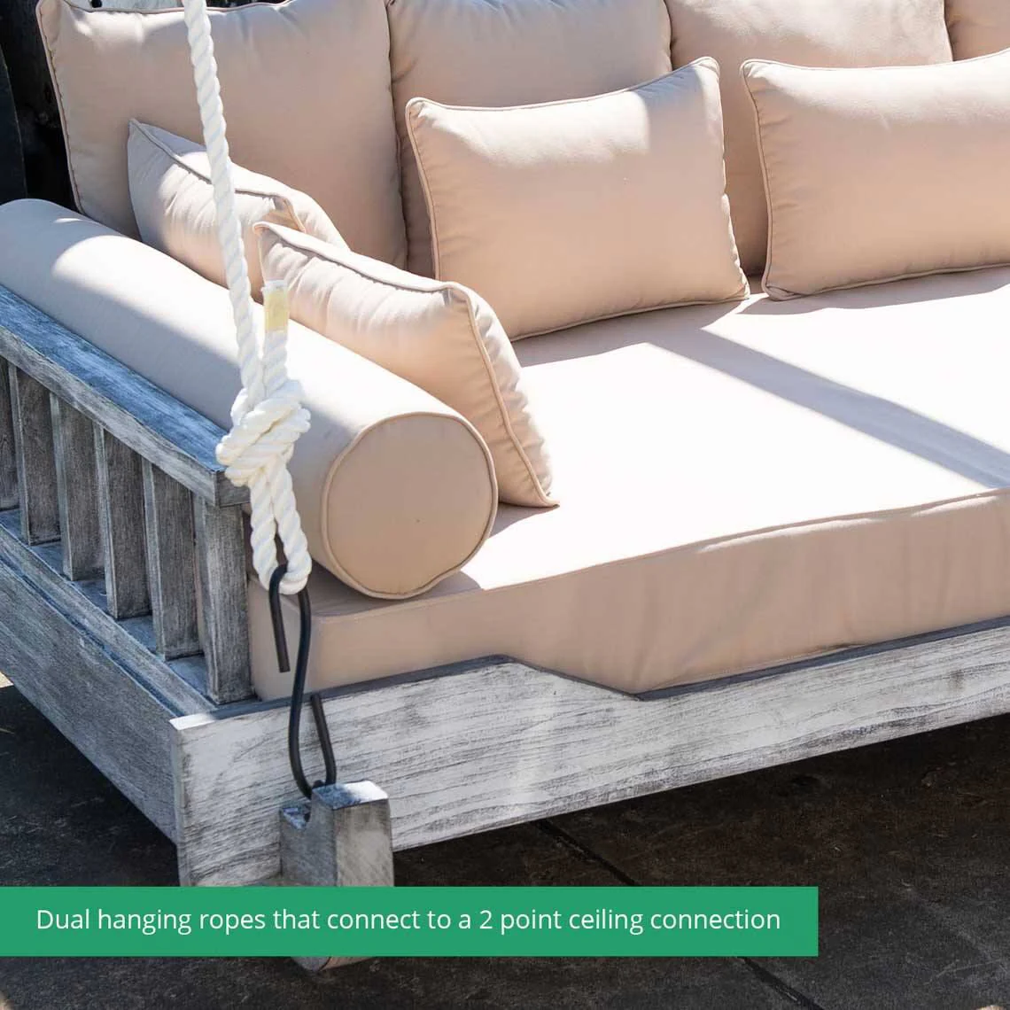 Scratch and Dent, Montana Rope Porch Swing Bed with Cushions and Pillows | Grade A Teak | Queen-Sized - Image 3